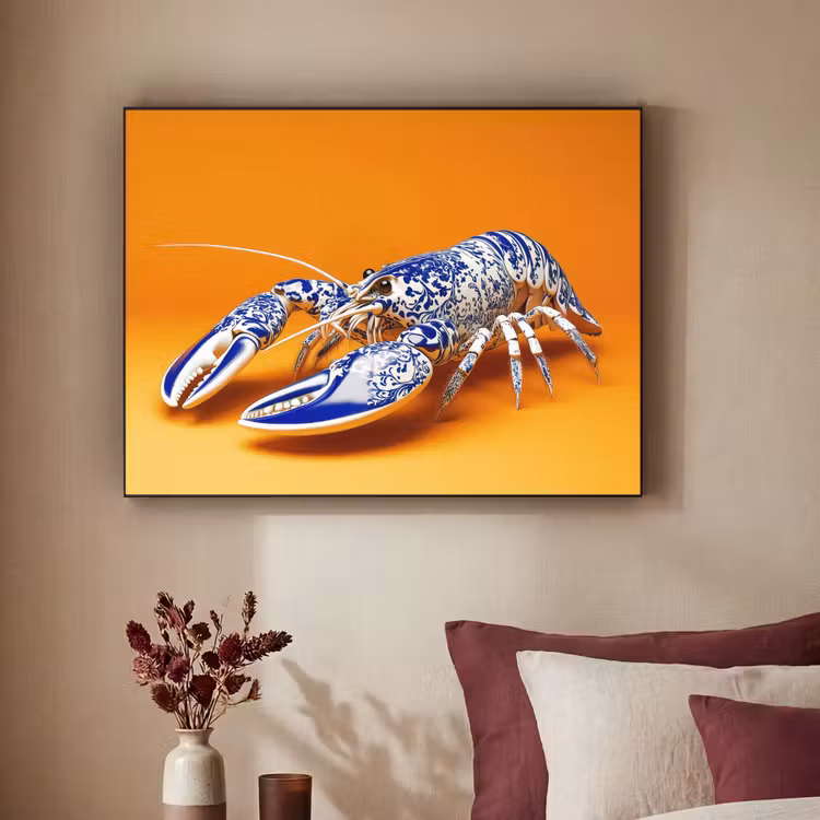 Kreeft - Delftsblauw - Schild - Stoer - Oranje Textielframe - compleet frame klein -sfeer1