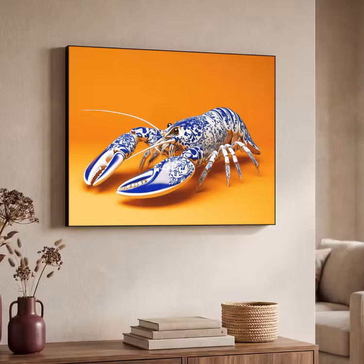 Kreeft - Delftsblauw - Schild - Stoer - Oranje Textielframe - compleet frame klein -sfeer3