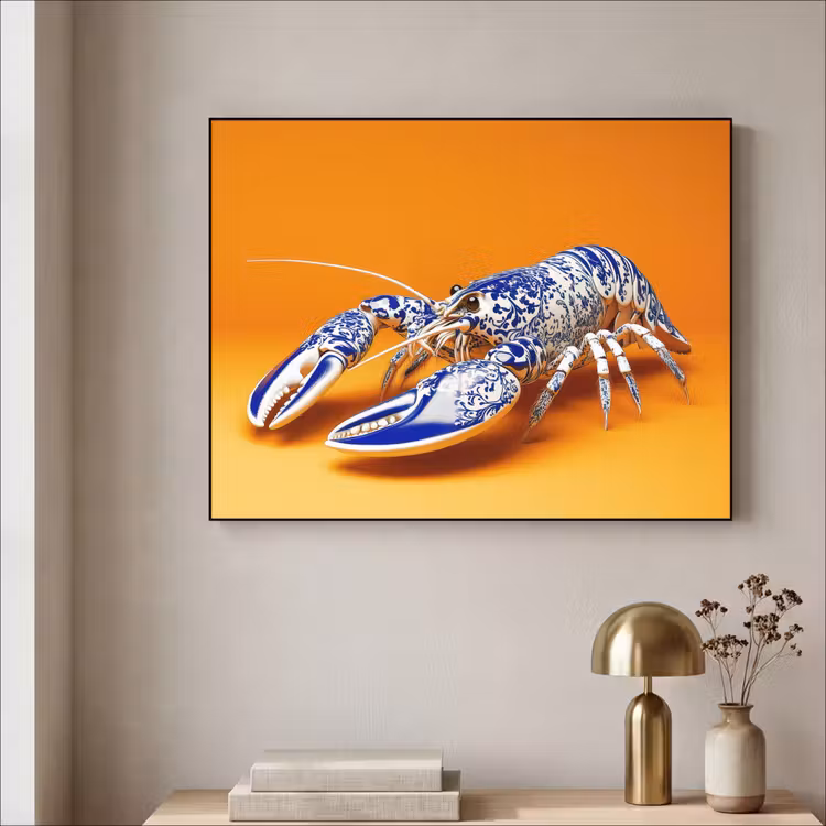 Kreeft - Delftsblauw - Schild - Stoer - Oranje Textielframe zwart klein -sfeer2