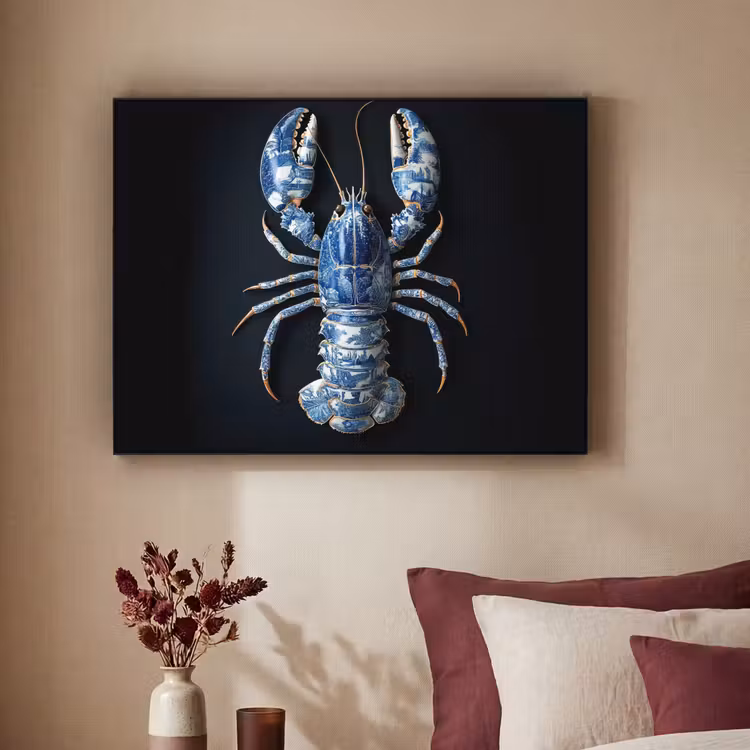 Kreeft - Delftsblauw - Schild - Stoer Textielframe zwart klein -sfeer1