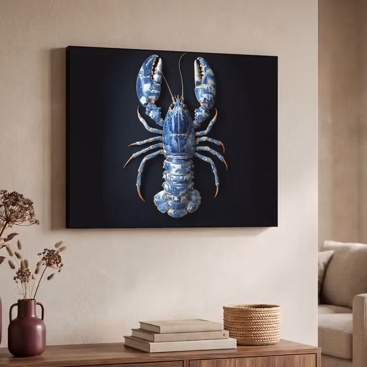 Kreeft - Delftsblauw - Schild - Stoer Textielframe - compleet frame klein -sfeer3
