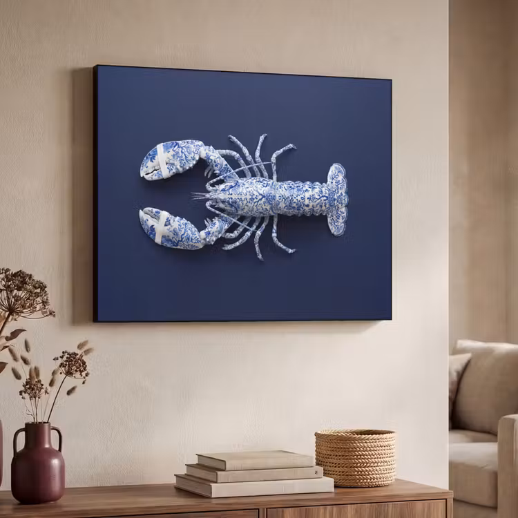 Art Frame - Hummer - Porzellan - Delfter Blau - Kreeft - Porselein - Delfts - Blauw Textielframe zwart klein