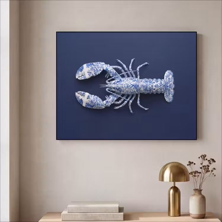 Art Frame - Hummer - Porzellan - Delfter Blau - Kreeft - Porselein - Delfts - Blauw Textielframe zwart klein