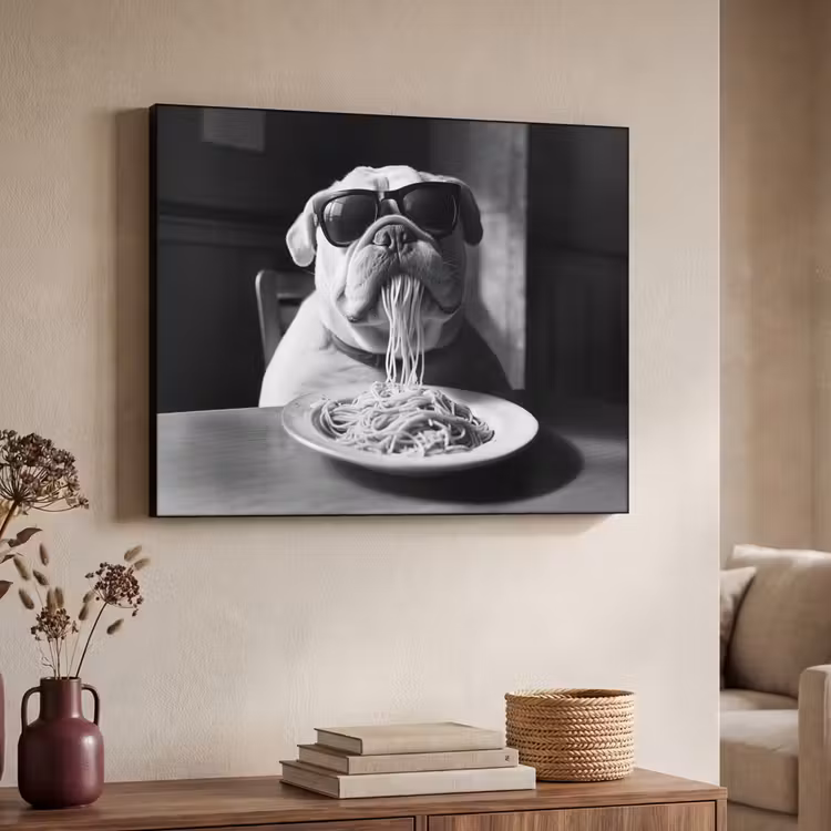 Hond - Bulldog - Pasta - Bril - Stoer - Dieren Textielframe - compleet frame klein -sfeer3