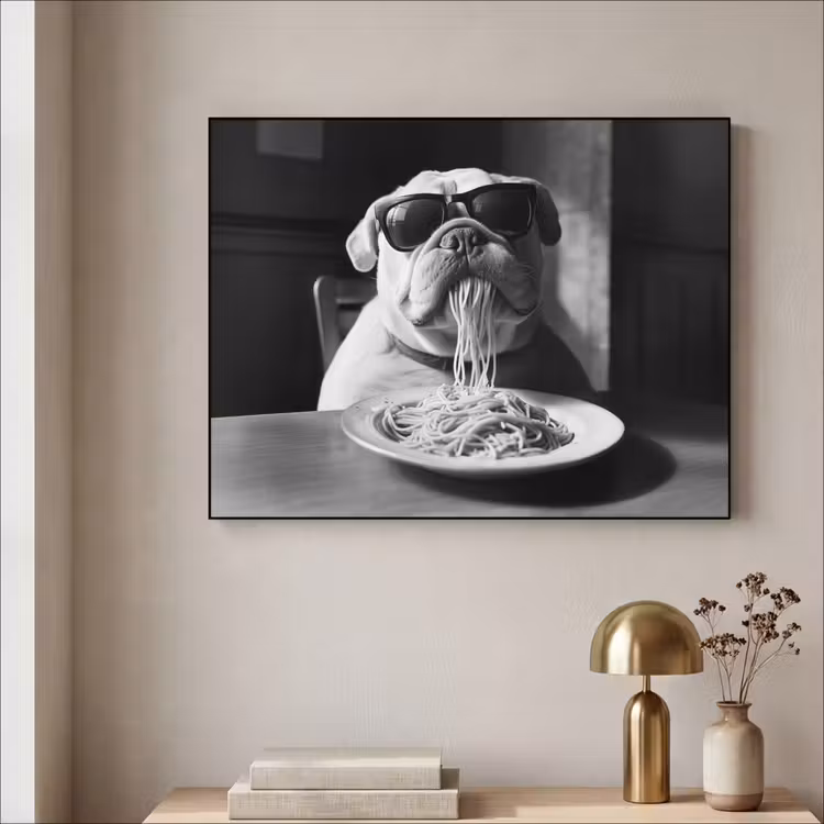 Hond - Bulldog - Pasta - Bril - Stoer - Dieren Textielframe zwart klein -sfeer2