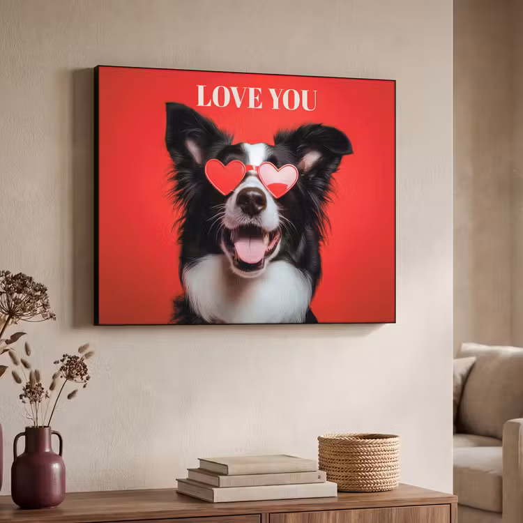 Hond - Hartjesbril - Loveyou - Rood Textielframe zwart klein -sfeer3