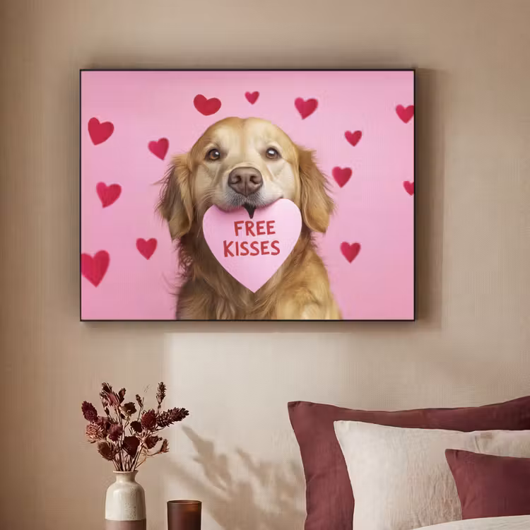 Hond - Kiss- Valentijn - Hartjes Textielframe zwart klein -sfeer1