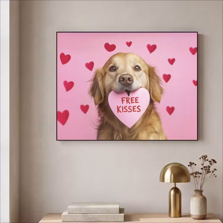 Hond - Kiss- Valentijn - Hartjes Textielframe zwart klein -sfeer2