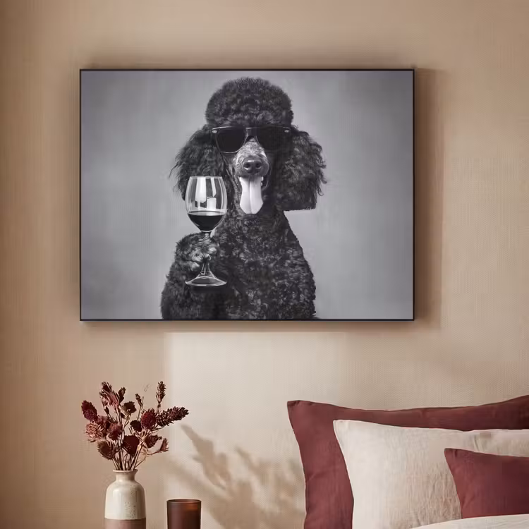 Hond - Krullen - Zonnebril - Wijn Textielframe - compleet frame klein -sfeer1