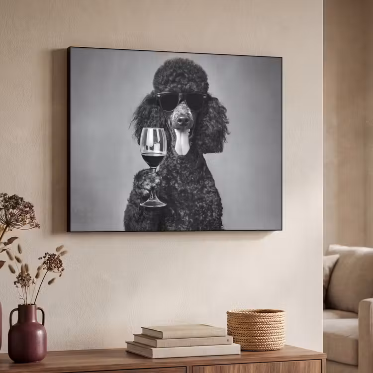 Hond - Krullen - Zonnebril - Wijn Textielframe - compleet frame klein -sfeer3