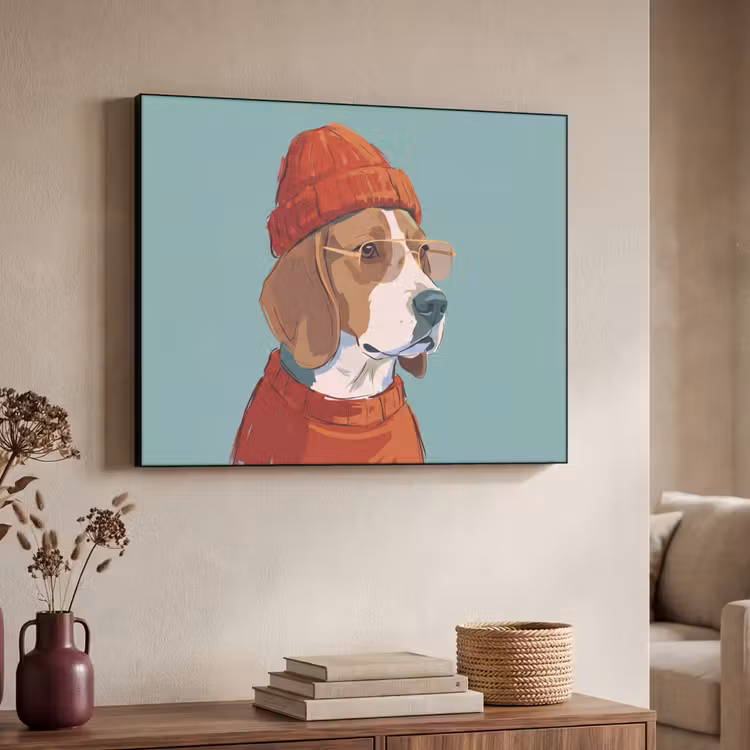 Hond - Beanie - Zonnebril - Dieren - Modern Textielframe zwart klein -sfeer3