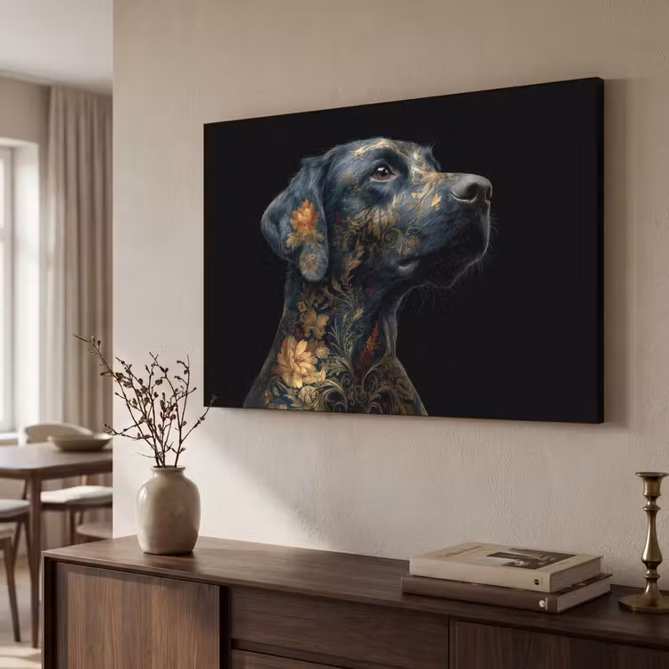 Hond - Zwart - Bloemen Textielframe - compleet frame klein -sfeer3