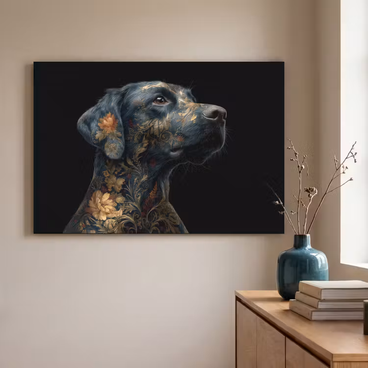 Hond - Zwart - Bloemen Textielframe zwart klein -sfeer2