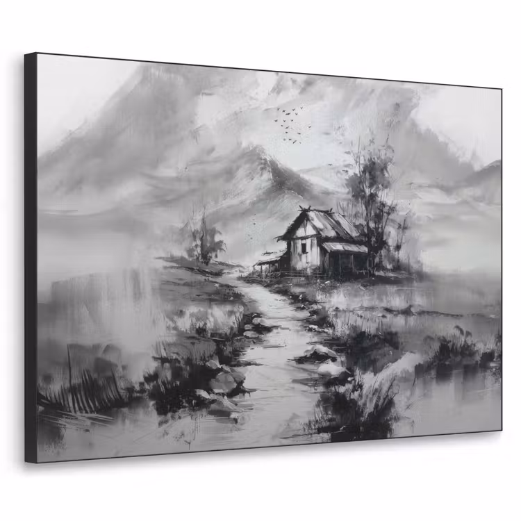 Hut - Grijs - Bergen - Mistig Textielframe zwart klein -3d