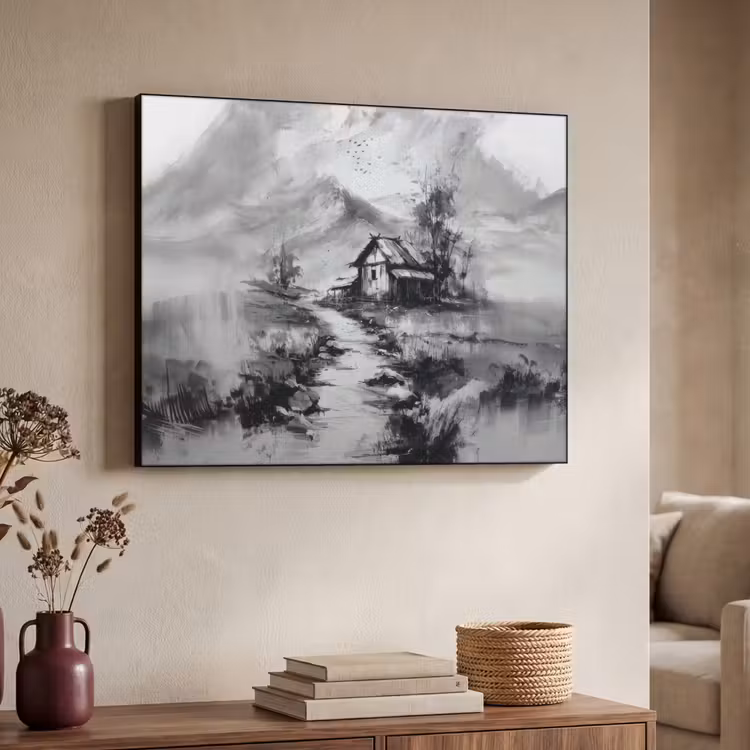 Hut - Grijs - Bergen - Mistig Textielframe zwart klein -sfeer3
