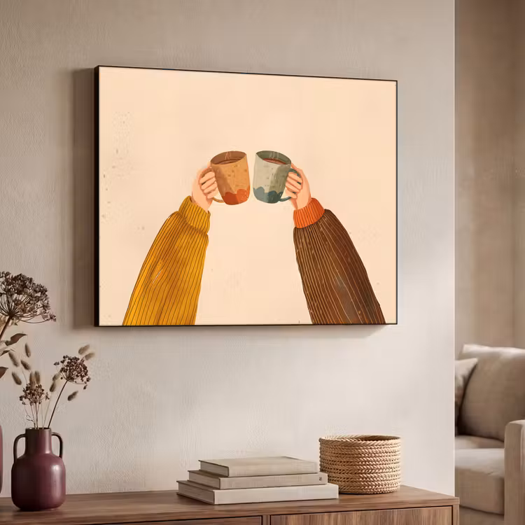 Illustratie - Mokken - Proosten - Bruin Textielframe - compleet frame klein -sfeer3