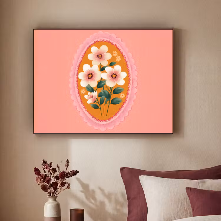 Illustratie - Bloemen - Rand - Roze Textielframe - compleet frame klein -sfeer1