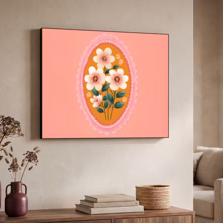 Illustratie - Bloemen - Rand - Roze Textielframe zwart klein -sfeer3