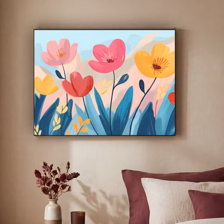 Illustratie - Bloemen - Kleurrijk Textielframe zwart klein -sfeer1
