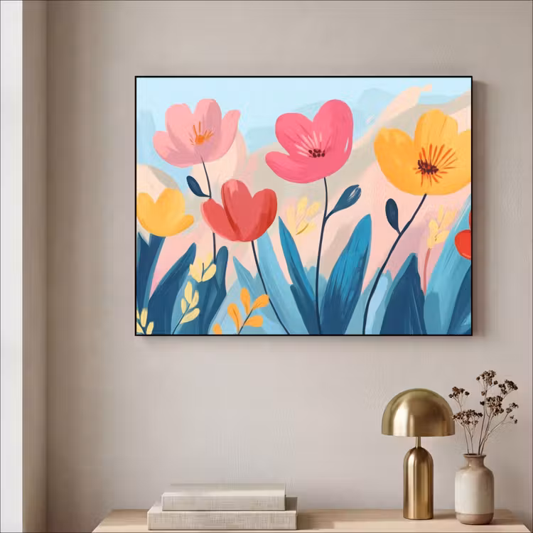 Illustratie - Bloemen - Kleurrijk Textielframe zwart klein -sfeer2