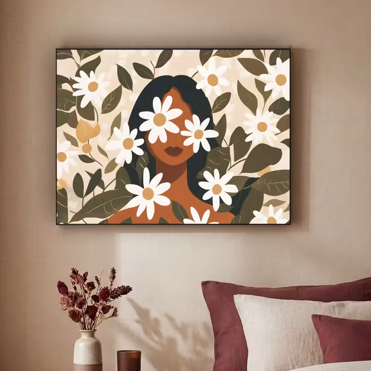 Illustratie - Vrouw - Madeliefjes - Wit Textielframe zwart klein -sfeer1