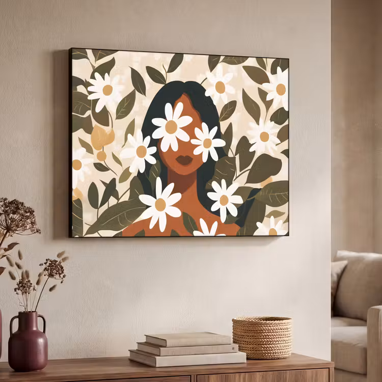 Illustratie - Vrouw - Madeliefjes - Wit Textielframe - compleet frame klein -sfeer3