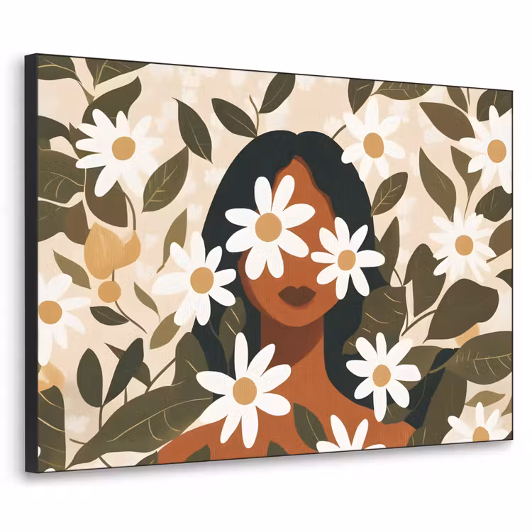 Illustratie - Vrouw - Madeliefjes - Wit Textielframe zwart klein -3d