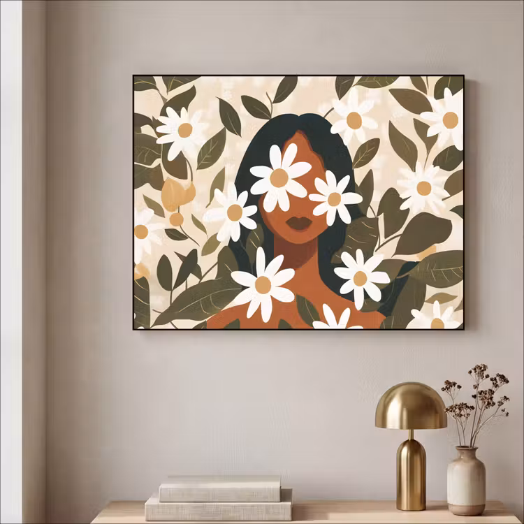 Illustratie - Vrouw - Madeliefjes - Wit Textielframe zwart klein -sfeer2
