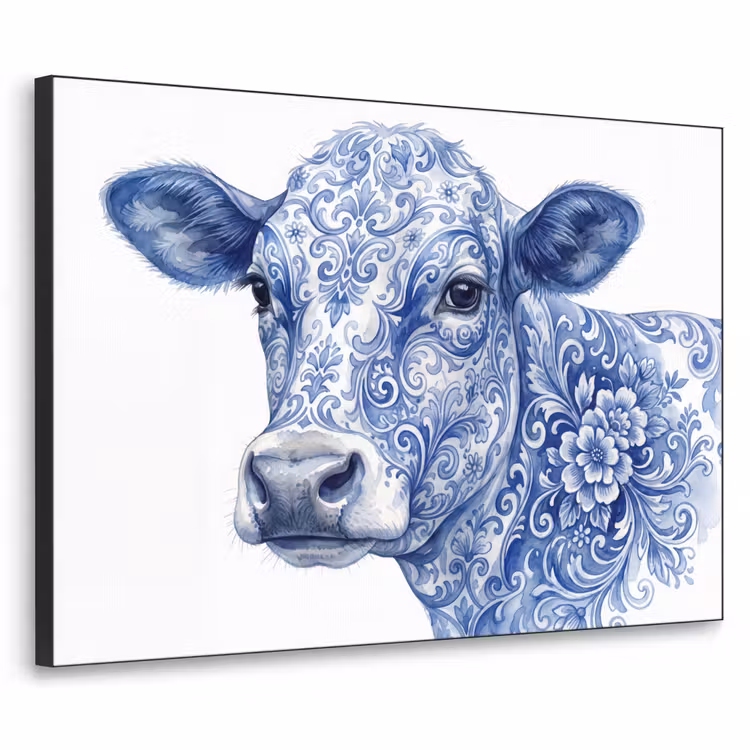 Art Frame - Illustration - Kuh - Blau - Illustratie - Koe - Blauw Textielframe zwart klein