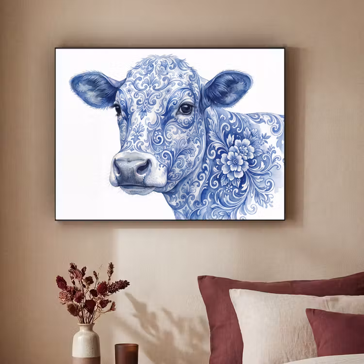 Art Frame - Illustration - Kuh - Blau - Illustratie - Koe - Blauw Textielframe zwart klein
