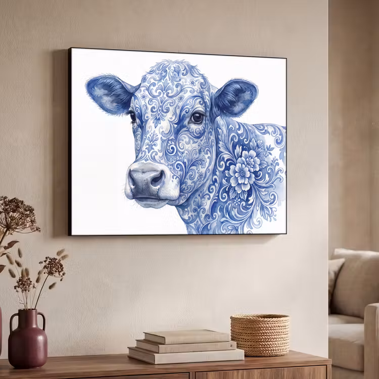 Art Frame - Illustration - Kuh - Blau - Illustratie - Koe - Blauw Textielframe zwart klein