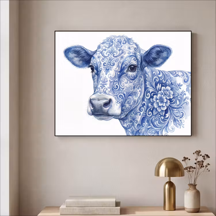 Art Frame - Illustration - Kuh - Blau - Illustratie - Koe - Blauw Textielframe zwart klein