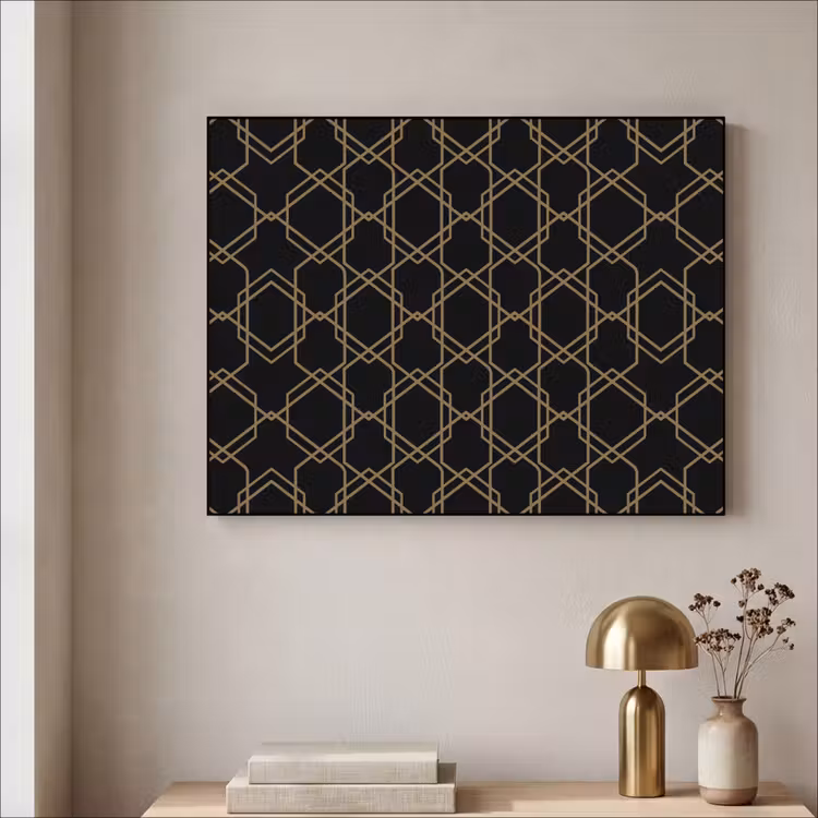 Verweven - Zeshoeken - Zwart - Goud Textielframe zwart klein 947 -sfeer2