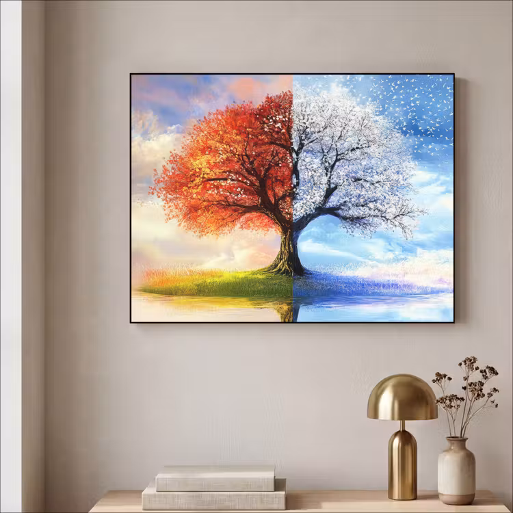 Seizoenen - Kunst - Boom - Winter - Herfst Textielframe - compleet frame klein -sfeer2