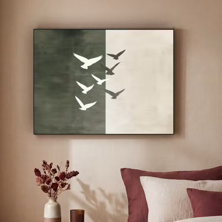 Japandi - Vogel - Groen Textielframe zwart klein -sfeer1