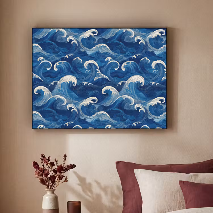 Japans - Oceaan - Golven - Blauw Textielframe zwart klein 947 -sfeer1