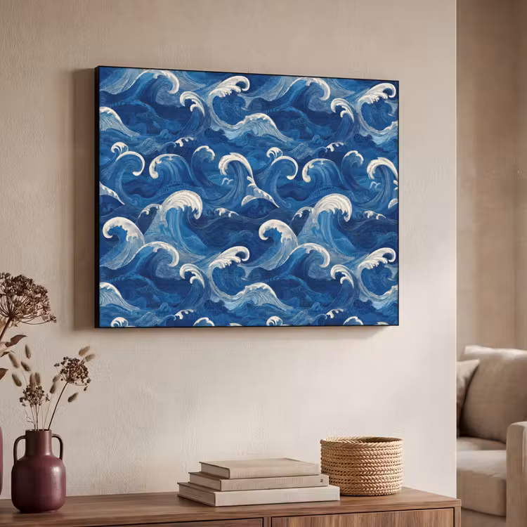Japans - Oceaan - Golven - Blauw Textielframe zwart klein 947 -sfeer3