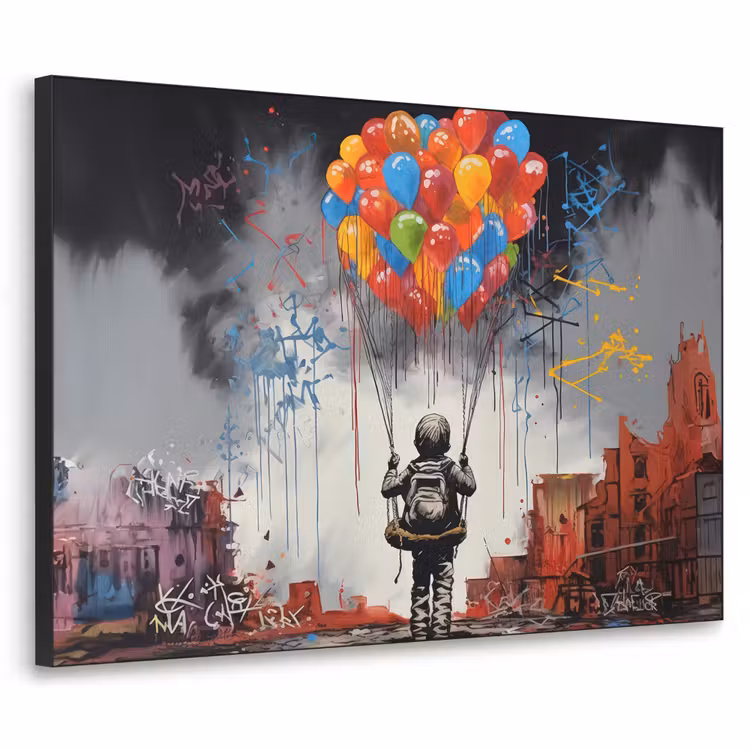 Jongen - Ballonnen - Gebouwen - Kunst Textielframe zwart klein -3d