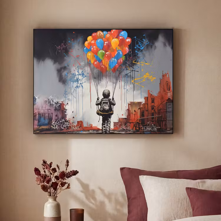 Jongen - Ballonnen - Gebouwen - Kunst Textielframe zwart klein -sfeer1