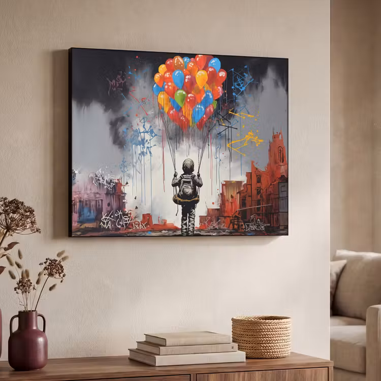 Jongen - Ballonnen - Gebouwen - Kunst Textielframe zwart klein -sfeer3