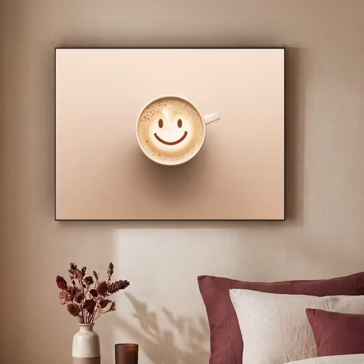 Koffie - Melkschuim - Lach - Beige Textielframe zwart klein -sfeer1