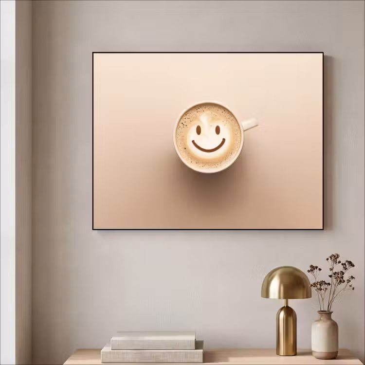 Koffie - Melkschuim - Lach - Beige Textielframe - compleet frame klein -sfeer2