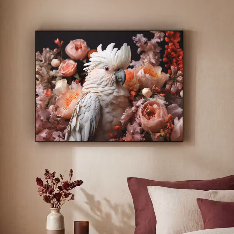Kaketoe - Dier - Natuur - Botanisch - Bloemen - Roze Textielframe zwart klein -sfeer1