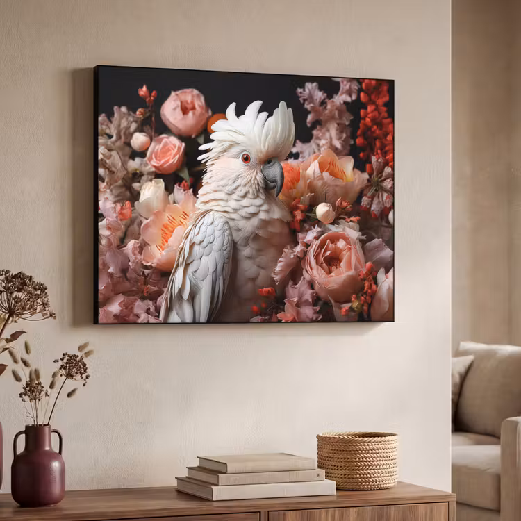 Kaketoe - Dier - Natuur - Botanisch - Bloemen - Roze Textielframe zwart klein -sfeer3