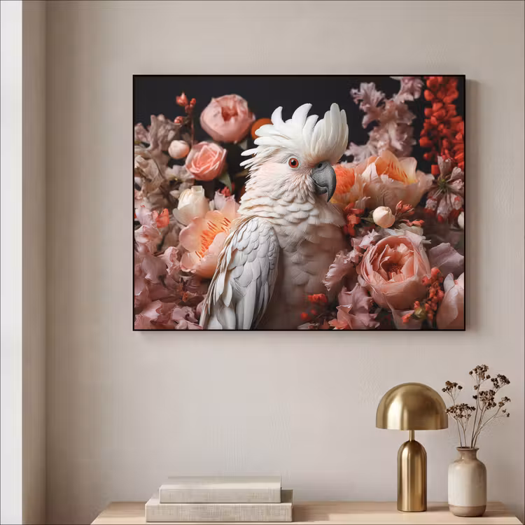 Kaketoe - Dier - Natuur - Botanisch - Bloemen - Roze Textielframe zwart klein -sfeer2