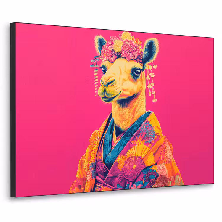 Kameel - Bloemen - Kimono - Waaiers Textielframe zwart klein -3d