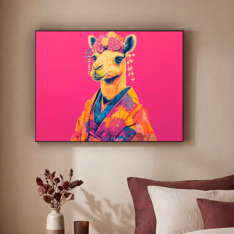 Kameel - Bloemen - Kimono - Waaiers Textielframe zwart klein -sfeer1
