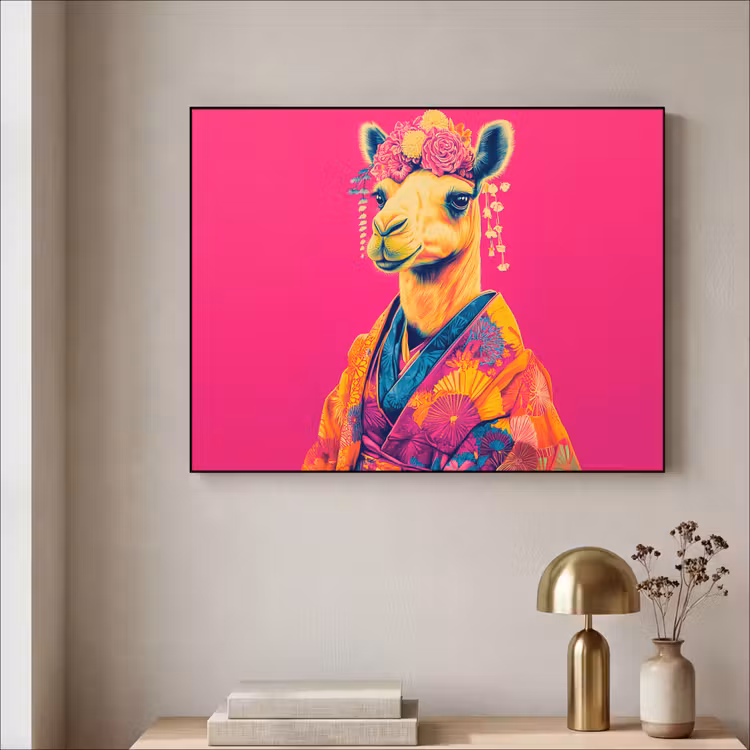 Kameel - Bloemen - Kimono - Waaiers Textielframe zwart klein -sfeer2