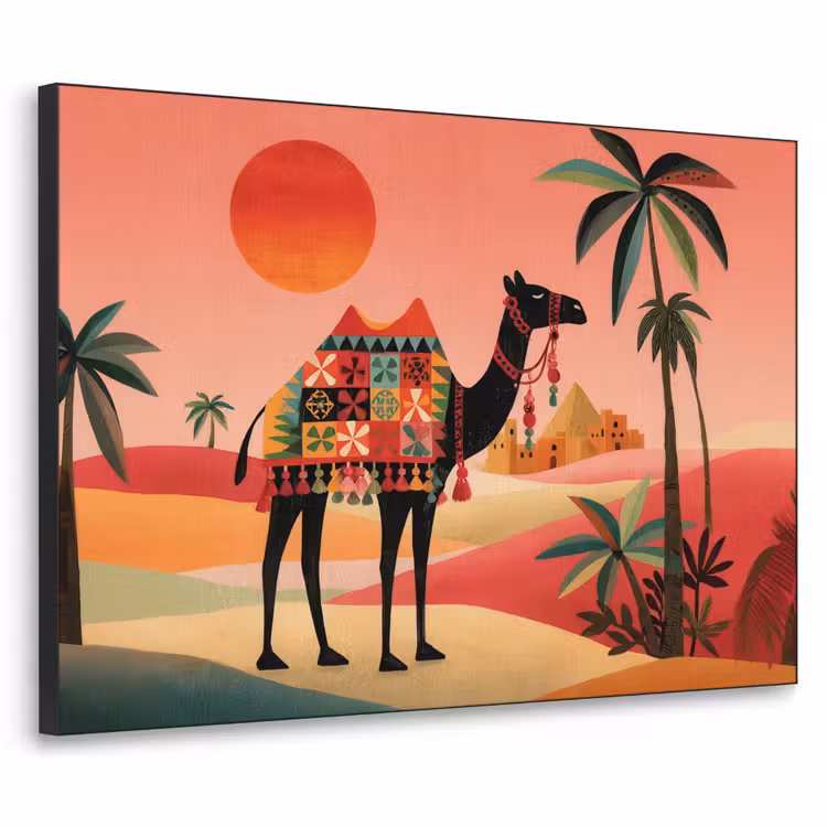 Kameel - Gekleurd tapijt - Duinen - Rode zon Textielframe - compleet frame klein -3d