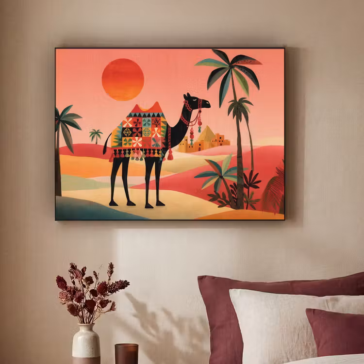 Kameel - Gekleurd tapijt - Duinen - Rode zon Textielframe zwart klein -sfeer1